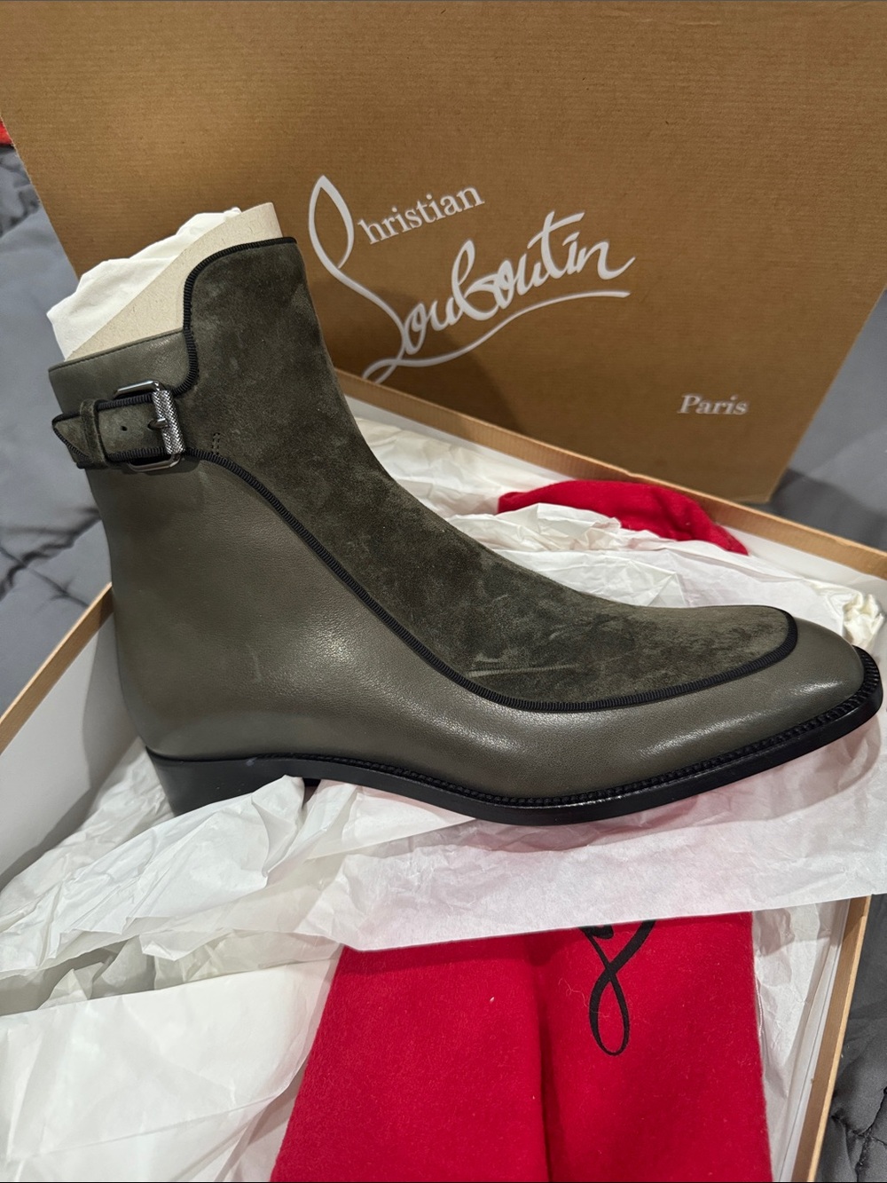 Christian Louboutin Men’s Olive Suede & Leather Ankle Boots